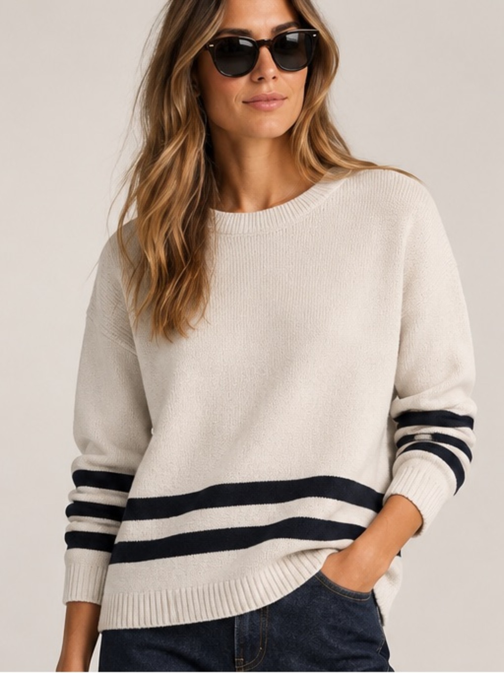 Boden Wool Blend Nautical Stripe Sweater with Shoulder Button Detail SZ 6